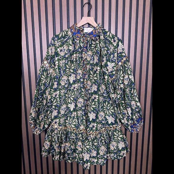 Miss June Paris Dress M / L Womens Green Tiered Floral Balloon Sleeve Tunic - Picture 1 of 8